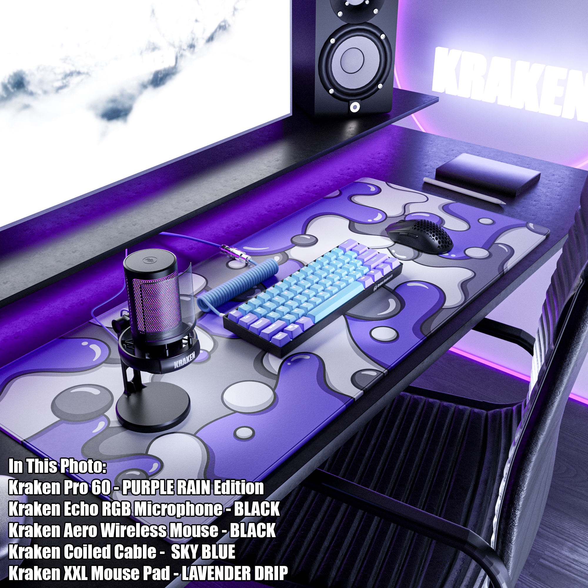 PURPLE RAIN Keyboard + COILED CABLE + MOUSE PAD Bundle