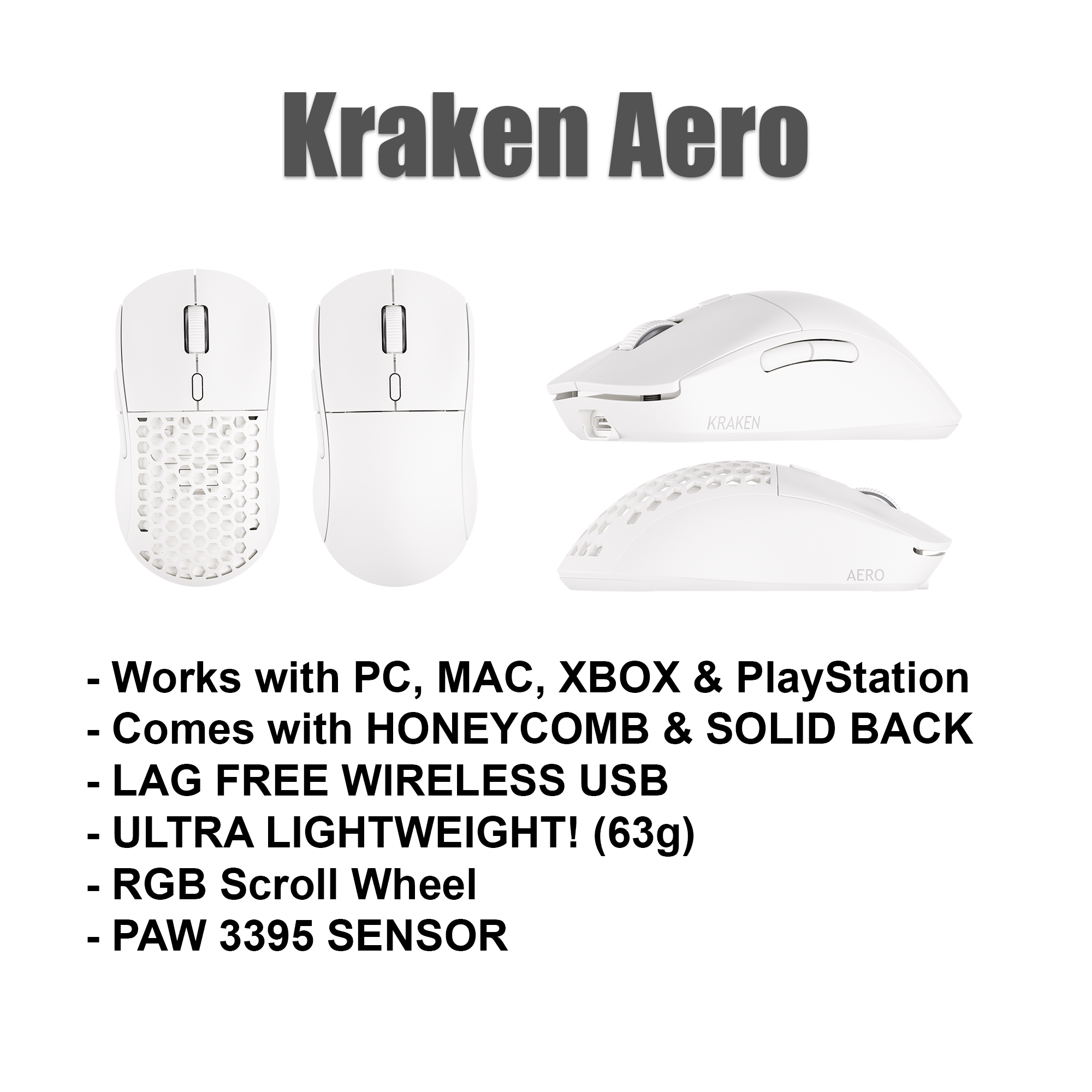 Kraken Aero - Ultra Lightweight Wireless Gaming Mouse - WHITEOUT
